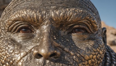 solo,looking at viewer,blue eyes,1boy,outdoors,sky,teeth,day,blurry,no humans,blurry background,portrait,close-up,monster,realistic,alien,desert,brown eyes,male focus,shiny,black eyes,blue sky,depth of field