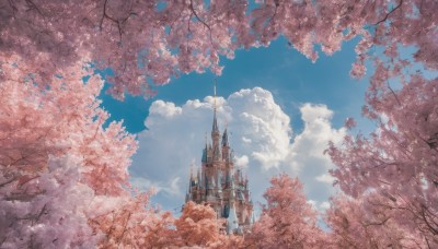 outdoors,sky,day,cloud,tree,blue sky,petals,no humans,cloudy sky,cherry blossoms,building,scenery,fantasy,castle,tower,spring (season),solo