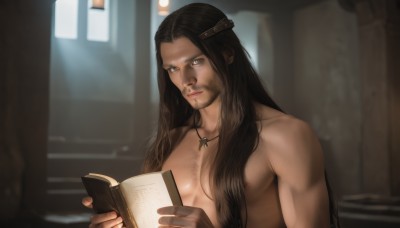 solo,long hair,looking at viewer,brown hair,black hair,1boy,holding,brown eyes,jewelry,closed mouth,upper body,male focus,indoors,necklace,blurry,book,blurry background,facial hair,cross,beard,holding book,topless male,open book,realistic,reading,manly,cross necklace,chest hair,blue eyes,nipples,nude,lips,muscular,pectorals,stubble