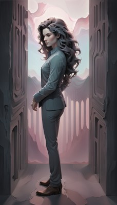 1girl,solo,long hair,breasts,looking at viewer,brown hair,shirt,black hair,red eyes,long sleeves,brown eyes,closed mouth,standing,jacket,full body,ass,shoes,looking back,pants,artist name,indoors,from side,lips,wavy hair,brown footwear,black pants,formal,suit,curly hair,blush,blue eyes,gloves,profile