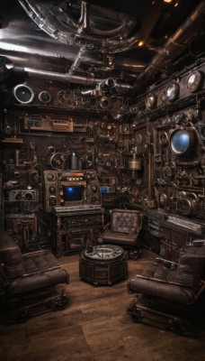 indoors,no humans,chair,robot,scenery,science fiction,wooden floor,cable,gears,steampunk,machine,machinery,stairs,realistic,clock,lamp,speaker