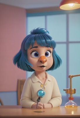 1girl,solo,smile,short hair,open mouth,bangs,blue eyes,shirt,long sleeves,holding,blue hair,white shirt,upper body,parted lips,collared shirt,indoors,blurry,window,blurry background,table,child,personification,freckles,female child,lamp,desk lamp,looking at viewer,hair ornament,teeth,hairclip,buttons,watermark,thick eyebrows,buck teeth