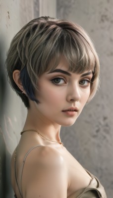 1girl,solo,breasts,looking at viewer,short hair,bangs,brown hair,black hair,bare shoulders,brown eyes,jewelry,upper body,earrings,necklace,mole,black eyes,from side,lips,looking to the side,eyelashes,realistic,nose,dress,closed mouth,green eyes,artist name,expressionless,freckles