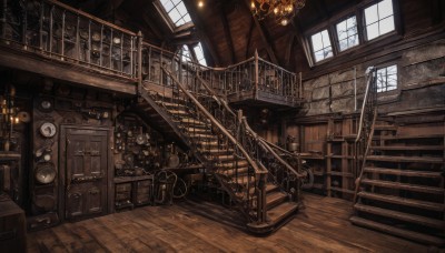 indoors,book,no humans,window,chair,table,sunlight,scenery,lantern,wooden floor,stairs,door,railing,clock,bookshelf,lamp,candle,gears,ladder,barrel,candlestand,chandelier,steampunk,day,plant,shelf,ceiling,carpet,ceiling light,cabinet,fireplace