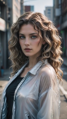 1girl,solo,long hair,breasts,looking at viewer,blue eyes,blonde hair,brown hair,shirt,closed mouth,jacket,upper body,outdoors,parted lips,open clothes,day,artist name,blurry,open jacket,lips,wet,see-through,black shirt,depth of field,blurry background,wavy hair,white jacket,wet clothes,freckles,curly hair,realistic,nose,wet shirt,denim jacket,jewelry,medium breasts,earrings,grey eyes,eyelashes,building,city,road