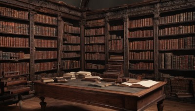 indoors,book,no humans,chair,table,scenery,desk,wooden floor,paper,open book,bookshelf,book stack,library,ladder,quill,voile