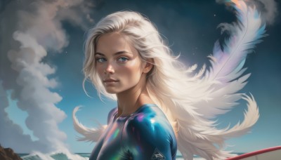 1girl,solo,long hair,looking at viewer,blue eyes,blonde hair,1boy,closed mouth,upper body,white hair,male focus,outdoors,wings,sky,day,artist name,cloud,signature,from side,blue sky,lips,bodysuit,cloudy sky,feathers,feathered wings,realistic,nose,smile,sunlight,wind