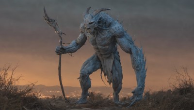 solo,1boy,holding,standing,full body,weapon,male focus,outdoors,horns,sky,teeth,holding weapon,tree,no humans,colored skin,grass,polearm,staff,claws,1other,monster,mountain,fantasy,holding staff,blue skin,alien,cloud,muscular,glowing,scenery,realistic,giant,loincloth,demon