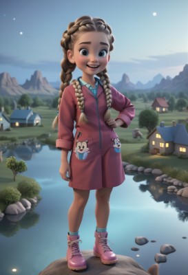 1girl,solo,long hair,looking at viewer,blush,smile,open mouth,brown hair,long sleeves,twintails,brown eyes,standing,full body,braid,boots,outdoors,sky,shoes,teeth,socks,dark skin,water,black eyes,twin braids,dark-skinned female,tree,lips,coat,hand on hip,night,moon,grass,building,child,star (sky),night sky,full moon,zipper,freckles,reflection,pocket,rock,mountain,pink footwear,female child,house,river,mountainous horizon,lake,tent,shirt,black hair,dress,:d,day,collared shirt,artist name,cloud,blue sky,upper teeth only,watermark,looking down,thick eyebrows,sneakers,forehead,cross-laced footwear,zipper pull tab,charm (object),stream