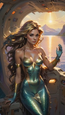 1girl,solo,long hair,breasts,looking at viewer,smile,blonde hair,brown hair,gloves,cleavage,bare shoulders,brown eyes,jewelry,medium breasts,sitting,very long hair,collarbone,cowboy shot,outdoors,parted lips,sky,shiny,artist name,cloud,hand up,signature,water,lips,shiny skin,bodysuit,covered navel,makeup,floating hair,ocean,arm support,watermark,wavy hair,sunlight,monster girl,breasts apart,skin tight,web address,lens flare,armlet,backlighting,science fiction,curly hair,shiny clothes,sunset,mountain,nose,sun,blue gloves,mermaid,lake,fingerless gloves,freckles,realistic,scales