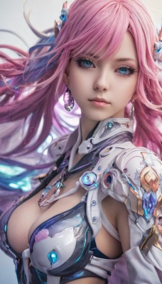 1girl,solo,long hair,breasts,looking at viewer,bangs,blue eyes,large breasts,simple background,hair ornament,cleavage,jewelry,medium breasts,closed mouth,upper body,pink hair,earrings,armor,lips,eyelashes,makeup,cleavage cutout,gem,realistic,nose,necklace,floating hair,swept bangs,expressionless,science fiction,eyeliner