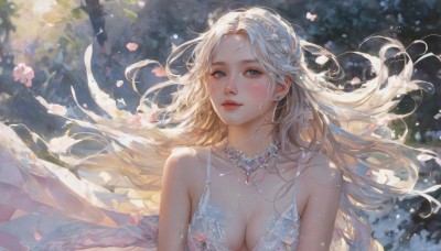 1girl,solo,long hair,breasts,looking at viewer,blush,blue eyes,blonde hair,hair ornament,dress,cleavage,bare shoulders,jewelry,medium breasts,closed mouth,collarbone,upper body,flower,white hair,earrings,outdoors,parted lips,sleeveless,necklace,white dress,blurry,lips,petals,floating hair,sleeveless dress,blurry background,tiara,wind,gem,realistic,choker