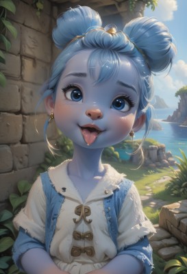 1girl,solo,looking at viewer,blush,smile,short hair,open mouth,blue eyes,shirt,dress,jewelry,blue hair,collarbone,white shirt,upper body,short sleeves,earrings,outdoors,sky,day,tongue,artist name,cloud,signature,tongue out,water,hair bun,blue sky,double bun,ocean,happy,sunlight,own hands together,grass,plant,child,furry,freckles,rock,furry female,horizon,female child,body fur,animal nose,snout,stone wall,bangs,hair ornament,lips,eyelashes,colored skin,leaf,thick eyebrows,:p,wall