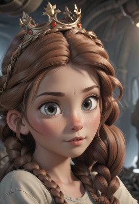 1girl,solo,long hair,looking at viewer,brown hair,brown eyes,braid,parted lips,artist name,blurry,twin braids,lips,grey eyes,blurry background,tiara,crown,portrait,forehead,freckles,realistic,nose,blush,bangs,shirt,dress,white shirt,upper body,black eyes,eyelashes,depth of field,facial mark,gem