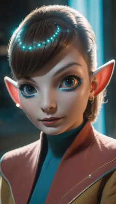 1girl,solo,looking at viewer,smile,short hair,blue eyes,brown hair,hair ornament,jewelry,closed mouth,upper body,earrings,pointy ears,blurry,lips,eyelashes,makeup,blurry background,swept bangs,turtleneck,lipstick,elf,portrait,eyeshadow,freckles,realistic,nose,eyeliner,mascara,bangs,parted lips,artist name,mole,mole under eye,backlighting