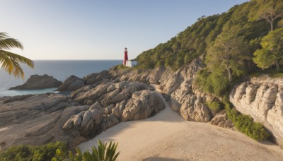 outdoors,sky,day,water,tree,blue sky,no humans,ocean,beach,grass,nature,scenery,rock,sand,palm tree,horizon,river,castle,landscape,shore,cliff,cloud,signature,plant,traffic cone