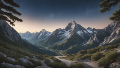 outdoors,sky,cloud,tree,no humans,night,grass,star (sky),nature,night sky,scenery,snow,forest,starry sky,rock,mountain,landscape,mountainous horizon,water,sunset,river,gradient sky