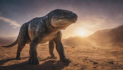 solo,standing,tail,outdoors,sky,cloud,pokemon (creature),no humans,animal,claws,monster,mountain,realistic,sand,sun,desert,dinosaur,kaijuu,full body,sunlight,cloudy sky,sunset,rock,scales,turtle,lizard