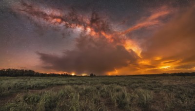 outdoors,sky,cloud,tree,no humans,night,cloudy sky,grass,fire,star (sky),nature,night sky,scenery,smoke,starry sky,sunset,sun,field,landscape