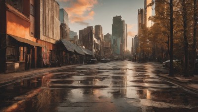 outdoors,sky,cloud,water,tree,no humans,cloudy sky,ground vehicle,building,scenery,motor vehicle,reflection,sunset,city,car,road,cityscape,power lines,lamppost,street,skyscraper,puddle,crosswalk,real world location,vanishing point,day,signature,blue sky,window,sunlight,evening,pavement