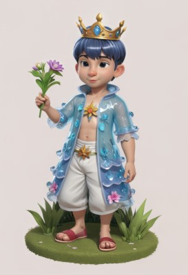 solo,smile,simple background,1boy,navel,holding,brown eyes,jewelry,blue hair,standing,full body,flower,male focus,earrings,open clothes,shorts,black eyes,see-through,open shirt,sandals,grass,crown,child,holding flower,male child,black hair,white background,flip-flops