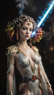 1girl,solo,breasts,looking at viewer,blue eyes,brown hair,black hair,dress,cleavage,jewelry,medium breasts,weapon,multicolored hair,cowboy shot,belt,sword,cape,bracelet,lips,makeup,glowing,fire,lipstick,breasts apart,pelvic curtain,smoke,curly hair,realistic,nose,forehead jewel,hair ornament,standing,collarbone,earrings,parted lips,nail polish,white dress,black eyes,eyelashes,no bra,black background,gem,dark background,energy sword