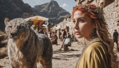 1girl,long hair,brown hair,dress,brown eyes,upper body,red hair,outdoors,parted lips,sky,solo focus,day,blurry,lips,depth of field,blurry background,animal,curly hair,mountain,realistic,crowd,umbrella,cat,crown,head wreath,tiger