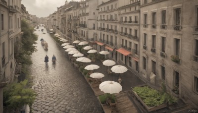 1girl,multiple girls,1boy,outdoors,multiple boys,day,signature,tree,window,umbrella,from above,chair,plant,building,scenery,stairs,city,road,cityscape,house,street,hat,2girls,sky,cloud,3girls,table,ground vehicle,car,potted plant,bush,parasol,lamppost,town,people,pavement