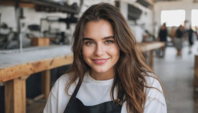 1girl,solo,long hair,looking at viewer,smile,brown hair,shirt,brown eyes,white shirt,upper body,outdoors,parted lips,teeth,grin,blurry,lips,depth of field,blurry background,forehead,realistic,overalls,photo background,real life insert,open mouth,thick eyebrows,portrait