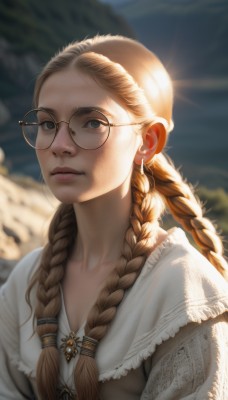 1girl,solo,long hair,looking at viewer,blue eyes,blonde hair,brown hair,dress,twintails,jewelry,closed mouth,upper body,braid,earrings,outdoors,glasses,day,artist name,necklace,white dress,blurry,twin braids,lips,grey eyes,depth of field,blurry background,sunlight,hair over shoulder,freckles,mountain,realistic,nose,round eyewear,brown-framed eyewear,multiple braids,parted lips,forehead,backlighting