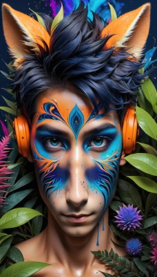 solo,looking at viewer,smile,short hair,blue eyes,black hair,1boy,animal ears,closed mouth,collarbone,flower,male focus,cat ears,lips,fox ears,eyelashes,makeup,headphones,leaf,facial mark,plant,portrait,nose,facepaint,bodypaint,paint splatter,1girl,blue hair,upper body,multicolored hair,artist name,orange hair,watermark,realistic