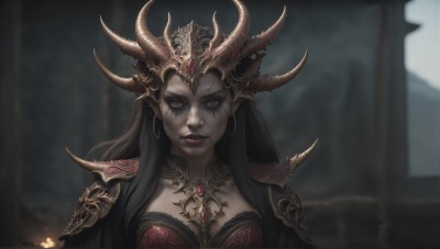 HQ,1girl,solo,long hair,breasts,looking at viewer,black hair,cleavage,brown eyes,jewelry,medium breasts,upper body,earrings,outdoors,parted lips,horns,teeth,armor,blurry,lips,makeup,depth of field,blurry background,facial mark,shoulder armor,portrait,pauldrons,hoop earrings,red lips,shoulder pads,facial tattoo,straight-on,yellow eyes,pointy ears,orange eyes,red dress,lipstick,pale skin,realistic,headpiece