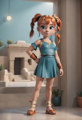 1girl,solo,long hair,looking at viewer,blue eyes,dress,bare shoulders,twintails,jewelry,standing,full body,braid,indoors,necklace,orange hair,twin braids,bracelet,lips,hand on hip,blue dress,short dress,sandals,plant,wristband,child,freckles,female child,potted plant,breasts,smile,skirt,shirt,shoes,socks,belt,blue skirt,brown footwear,blue shirt,bracer,flower pot