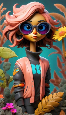 1girl,solo,looking at viewer,short hair,blue eyes,long sleeves,jacket,upper body,pink hair,flower,parted lips,open clothes,artist name,dark skin,vest,sweater,dark-skinned female,lips,makeup,colored skin,turtleneck,leaf,watermark,blue background,sunglasses,plant,lipstick,eyeshadow,nose,tinted eyewear,open vest,brown hair,shirt,glasses