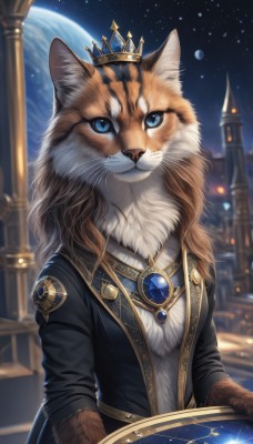 1girl,solo,long hair,looking at viewer,blue eyes,long sleeves,holding,jewelry,upper body,outdoors,sky,artist name,necklace,blurry,black jacket,no humans,night,blurry background,animal,moon,cat,crown,brooch,gem,star (sky),night sky,furry,pendant,starry sky,black coat,furry female,space,body fur,animal focus,white fur,planet,whiskers,earth (planet),blue gemstone,globe,animal ears,jacket