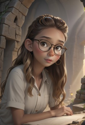 1girl,solo,long hair,looking at viewer,blush,smile,brown hair,shirt,brown eyes,jewelry,sitting,closed mouth,white shirt,upper body,short sleeves,earrings,glasses,collared shirt,artist name,indoors,lips,fingernails,book,eyelashes,buttons,wavy hair,sunlight,thick eyebrows,plant,forehead,freckles,black-framed eyewear,pocket,hoop earrings,open book,nose,stud earrings,breast pocket,wall,brick wall,brown-framed eyewear,stone wall,outdoors,realistic