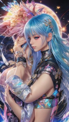 1girl,solo,long hair,breasts,looking at viewer,bangs,blue eyes,hair ornament,jewelry,blue hair,upper body,earrings,midriff,nail polish,mole,bracelet,from side,lips,crop top,fingernails,eyelashes,mole under eye,hug,makeup,moon,gem,full moon,crystal,mascara,1boy,artist name,watermark,facial mark,ring,feathers,eyeshadow,realistic