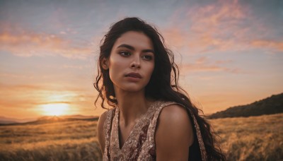 1girl,solo,long hair,looking at viewer,black hair,dress,bare shoulders,brown eyes,closed mouth,upper body,outdoors,sky,sleeveless,cloud,dark skin,black eyes,dark-skinned female,lips,wavy hair,cloudy sky,messy hair,freckles,curly hair,sunset,realistic,nose,field,brown hair,mole,blurry,looking to the side,sunlight,thick eyebrows,backlighting,sun