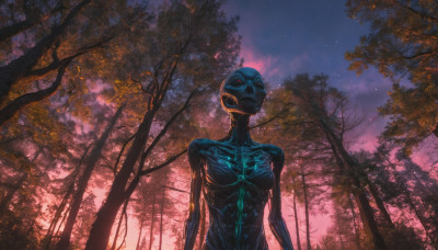 1girl, solo, red eyes, outdoors, sky, tree, no humans, night, star (sky), nature, night sky, scenery, forest, starry sky, sunset, monster, alien, horror (theme)