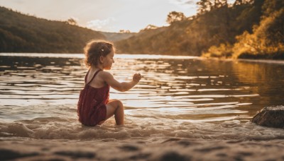 1girl,solo,short hair,brown hair,black hair,dress,bare shoulders,sitting,closed eyes,outdoors,sky,sleeveless,day,water,from behind,blurry,from side,tree,wet,profile,sleeveless dress,depth of field,blurry background,ocean,red dress,child,nature,scenery,rock,mountain,female child,soaking feet,river,lake,partially submerged,reflection,sunset,evening