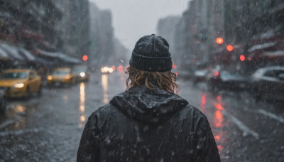 1girl, solo, brown hair, hat, jacket, upper body, outdoors, hood, from behind, blurry, black jacket, black headwear, depth of field, blurry background, ground vehicle, motor vehicle, snow, rain, snowing, beanie, facing away, car, road, street