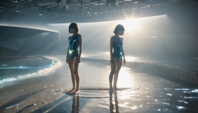 breasts,looking at viewer,short hair,bangs,multiple girls,black hair,2girls,bare shoulders,closed mouth,standing,swimsuit,small breasts,barefoot,water,one-piece swimsuit,bare legs,covered navel,shadow,glowing,sunlight,backlighting,reflection,walking,competition swimsuit,blue one-piece swimsuit,arms at sides,pool,indoors,beach,scenery,light