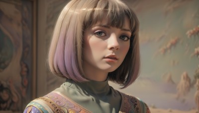 1girl,solo,looking at viewer,short hair,bangs,blonde hair,brown hair,green eyes,upper body,multicolored hair,outdoors,parted lips,teeth,blunt bangs,blurry,lips,grey eyes,depth of field,blurry background,turtleneck,bob cut,portrait,freckles,realistic,nose,day,eyelashes,sunlight