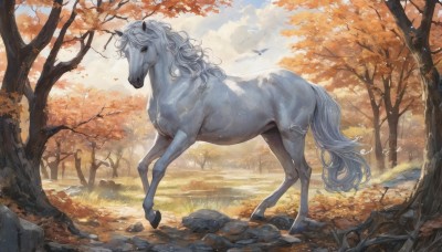 solo,outdoors,sky,day,cloud,tree,blue sky,no humans,bird,animal,leaf,grass,nature,scenery,forest,rock,realistic,autumn leaves,animal focus,horse,bare tree,autumn,deer,unicorn,full body,water,from side,sunlight