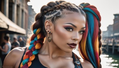 1girl,solo,long hair,looking at viewer,brown hair,black hair,bare shoulders,brown eyes,jewelry,blue hair,collarbone,upper body,braid,red hair,multicolored hair,earrings,outdoors,solo focus,artist name,orange hair,blurry,two-tone hair,lips,streaked hair,eyelashes,makeup,depth of field,blurry background,watermark,piercing,tank top,lipstick,portrait,web address,eyeshadow,realistic,nose,red lips,mascara,multiple braids,smile,twintails,yellow eyes,twin braids,ear piercing,forehead,dreadlocks,nose piercing,blue tank top