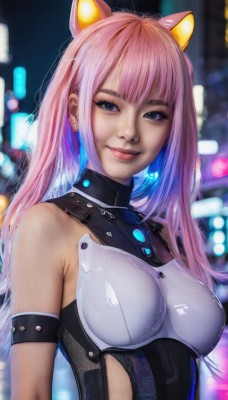 1girl,solo,long hair,breasts,looking at viewer,smile,bangs,blue eyes,animal ears,bare shoulders,jewelry,medium breasts,closed mouth,blue hair,upper body,pink hair,multicolored hair,earrings,cat ears,blurry,black eyes,two-tone hair,lips,makeup,blurry background,realistic,armor,fake animal ears,science fiction,breastplate