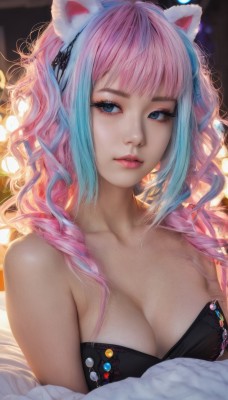 1girl,solo,long hair,breasts,looking at viewer,bangs,blue eyes,large breasts,hair ornament,animal ears,cleavage,bare shoulders,medium breasts,closed mouth,blue hair,collarbone,upper body,pink hair,multicolored hair,parted lips,artist name,cat ears,off shoulder,blurry,two-tone hair,lips,streaked hair,eyelashes,strapless,gradient hair,makeup,blurry background,fake animal ears,eyeshadow,realistic,nose,mascara,dress,braid,hairband,black dress,twin braids,pink lips,eyeliner,badge,button badge