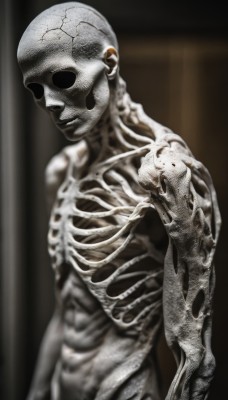 solo,1boy,standing,monochrome,upper body,male focus,nude,cowboy shot,hand up,blurry,blurry background,spot color,realistic,bald,ribs,skeleton,bone,horror (theme),spine,closed mouth,greyscale,no humans,veins,skull,no eyes