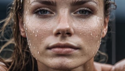 1girl,solo,long hair,looking at viewer,brown hair,1boy,brown eyes,closed mouth,male focus,blurry,lips,wet,eyelashes,portrait,close-up,realistic,nose,wet hair,sweat,black eyes,freckles,sweating profusely