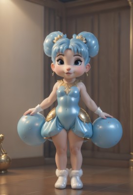 1girl,solo,breasts,looking at viewer,smile,short hair,open mouth,blue eyes,dress,bare shoulders,jewelry,blue hair,standing,full body,thighs,earrings,small breasts,boots,shoes,indoors,hair bun,leotard,lips,see-through,loli,double bun,covered navel,:3,cameltoe,white footwear,child,blue leotard,showgirl skirt,hair ornament,twintails,wrist cuffs